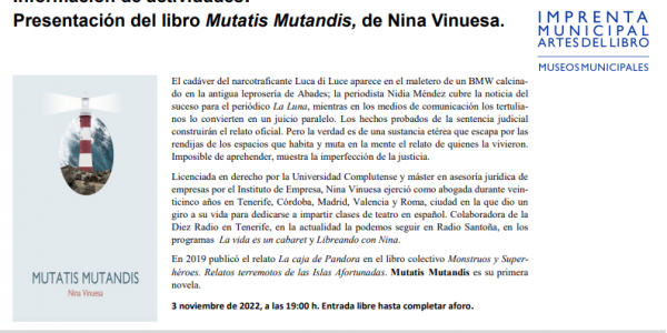 Presentación del libro MUTATIS MUTANDIS de Nina Vinuesa en Madrid