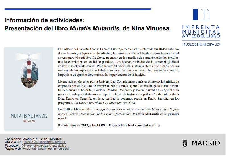 Presentación del libro MUTATIS MUTANDIS de Nina Vinuesa en Madrid