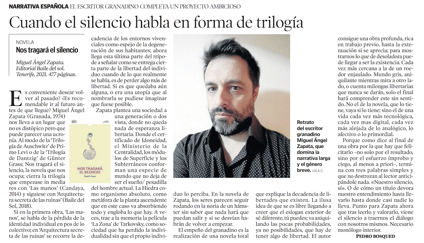 Reseña de NOS TRAGARÁ EL SILENCIO, de Miguel Ángel Zapata en Artes & Letras del Heraldo de Aragón